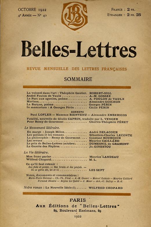 Belles-Lettres, octobre 1922.
