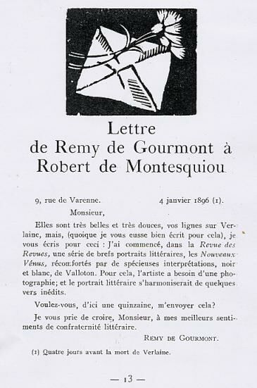 Lettre de Gourmont à Montesquiou.